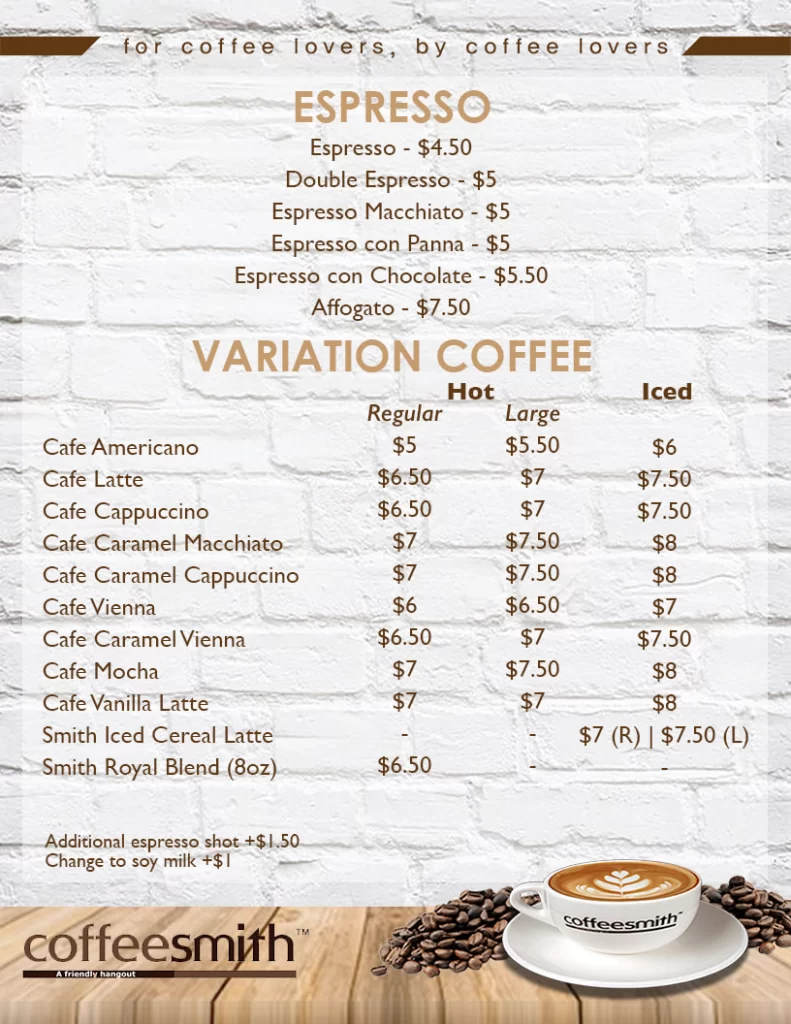 Coffeesmith Espresso Menu 2024