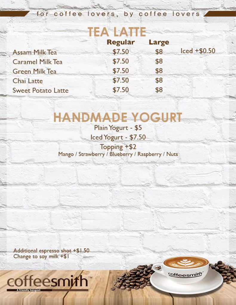 Coffeesmith Tea Latte And Yogurt Menu 2024