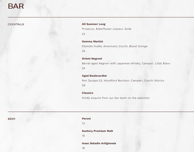 Gemma Steakhouse Bar Menu 2024