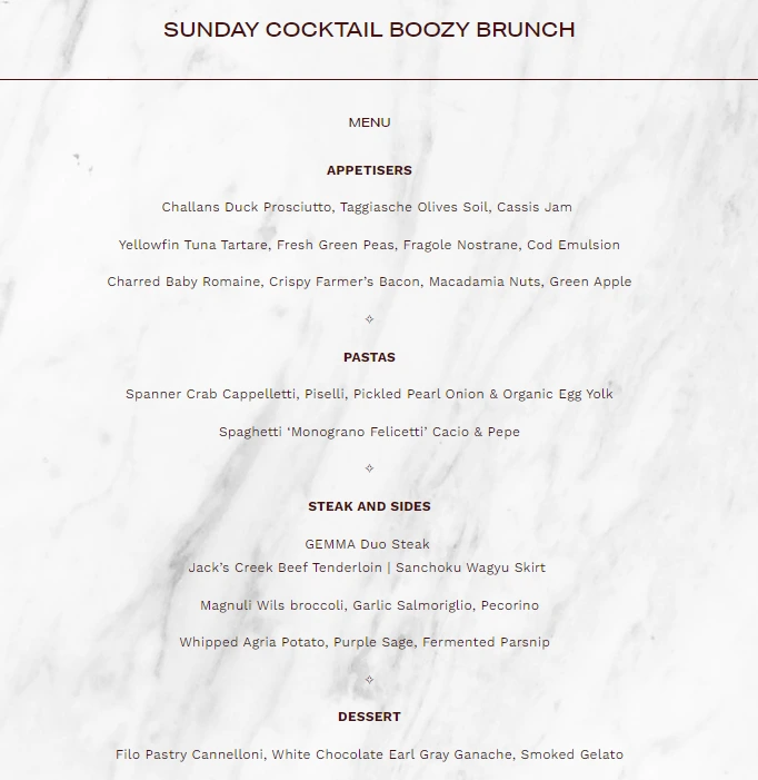 Gemma Steakhouse Sunday Brunch Menu 2024