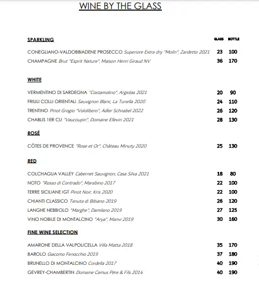 Gemma Steakhouse Wine Menu 2024