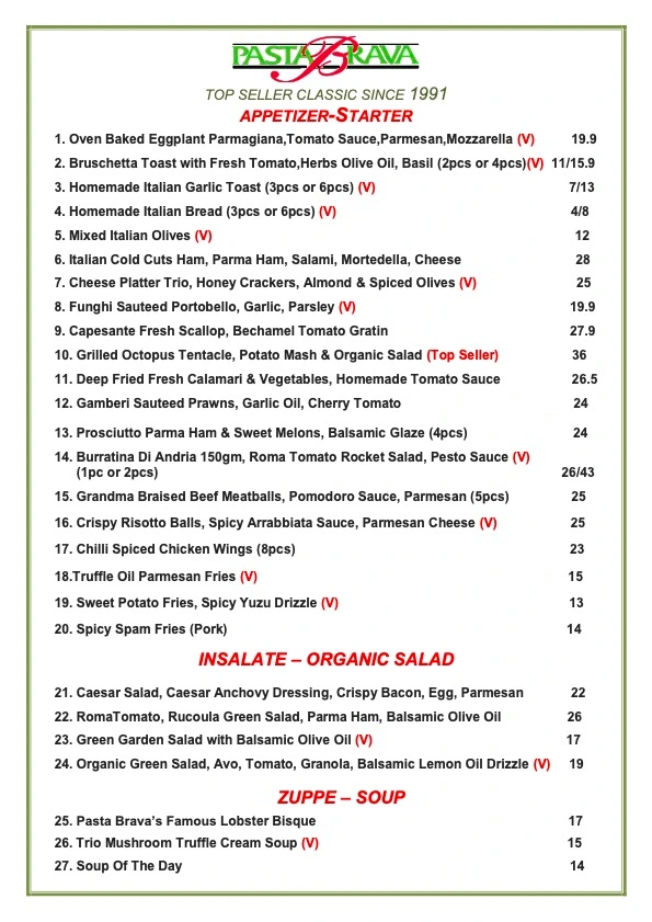 PASTA BRAVA APPETIZERS MENU WITH PRICES 2024