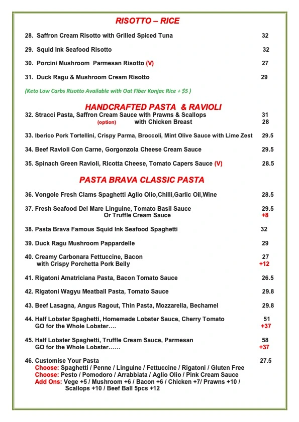 PASTA BRAVA MENU PASTA DISHES PRICES 2024