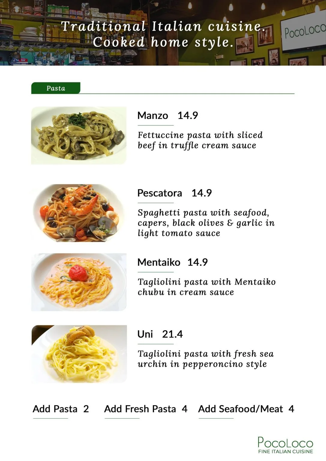 POCOLOCO PASTA PRICES MENU 2024