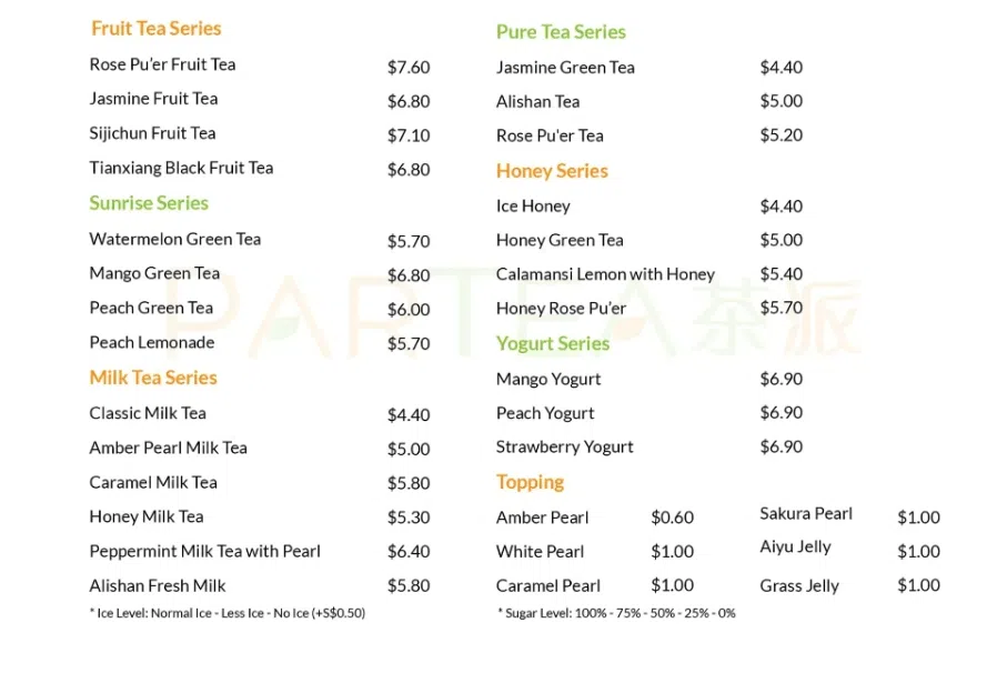 Partea Singapore Sunrise Tea Menu 2024