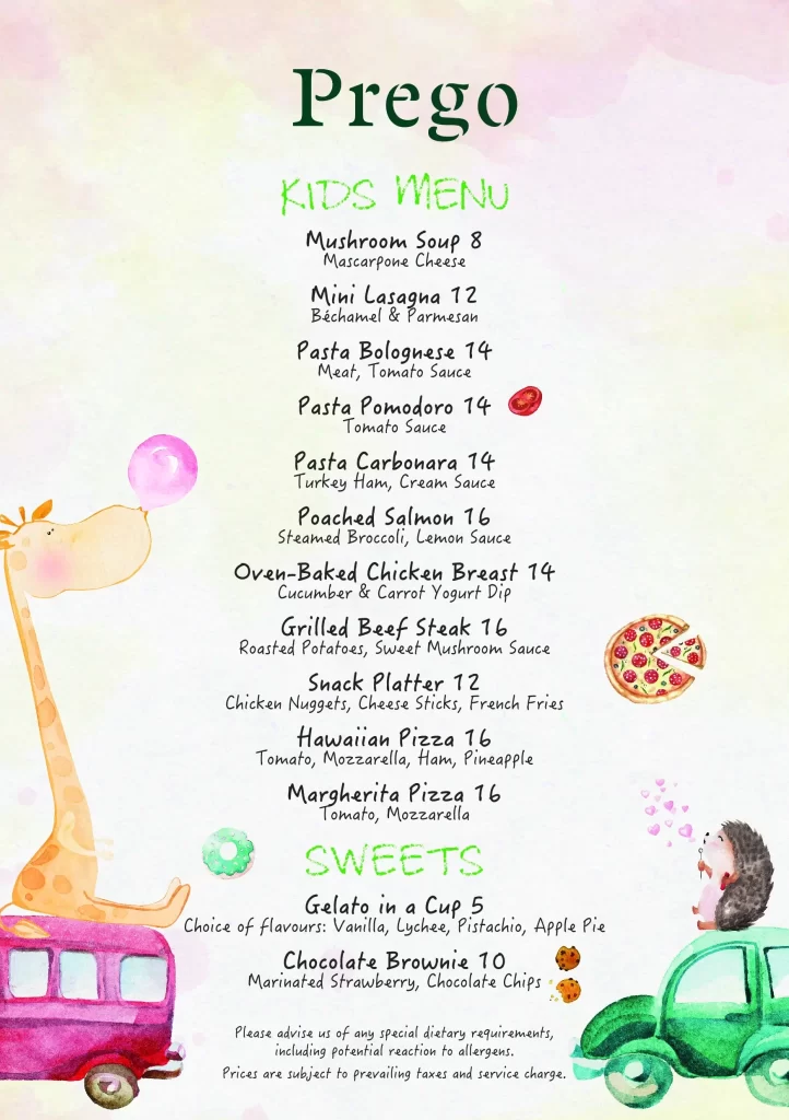 Prego Kids Menu 2024