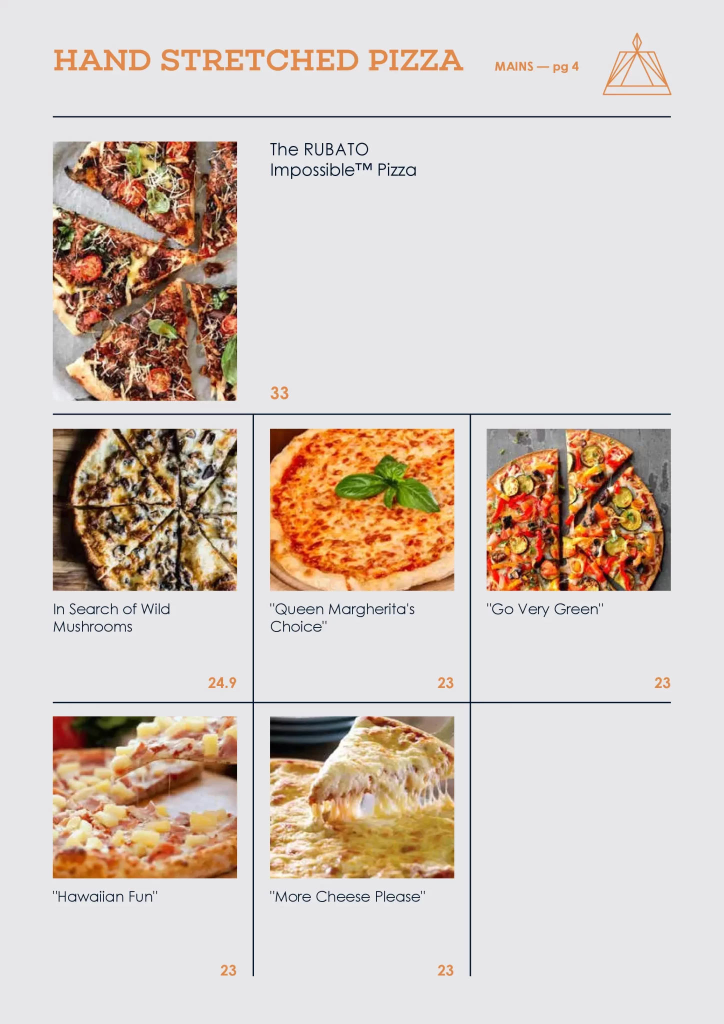 RUBATO Restaurant Pizza Menu 2024