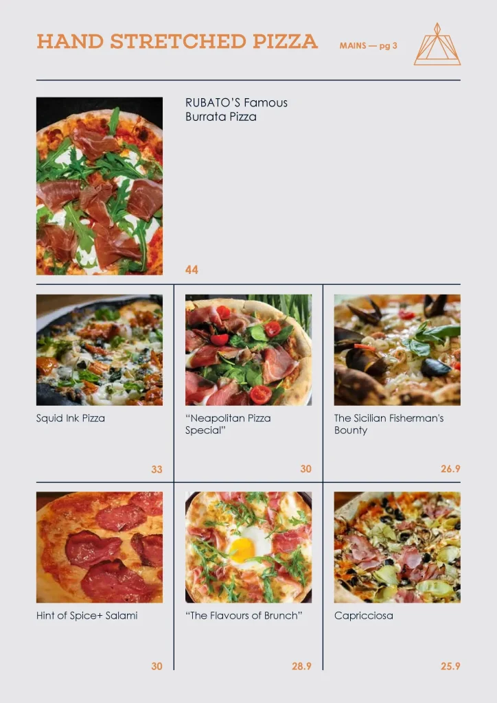 RUBATO Restaurant Pizza Menu 2024