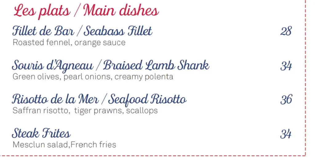 SO FRANCE MENU MAINS PRICES 2024