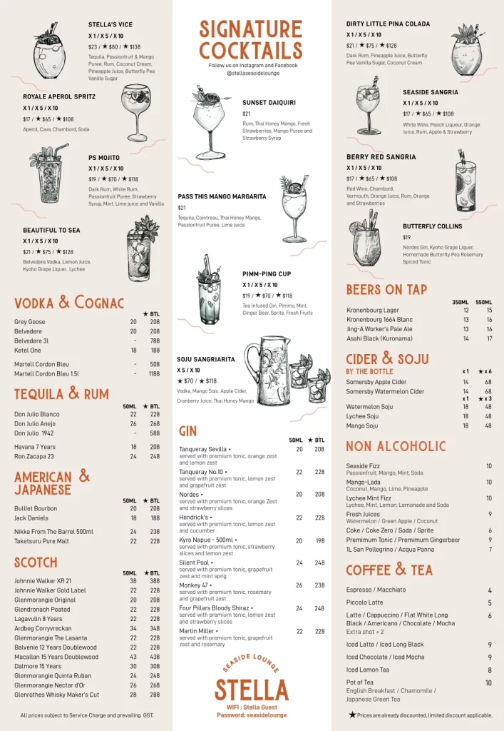 STELLA BEVERAGES MENU PRICES 2024