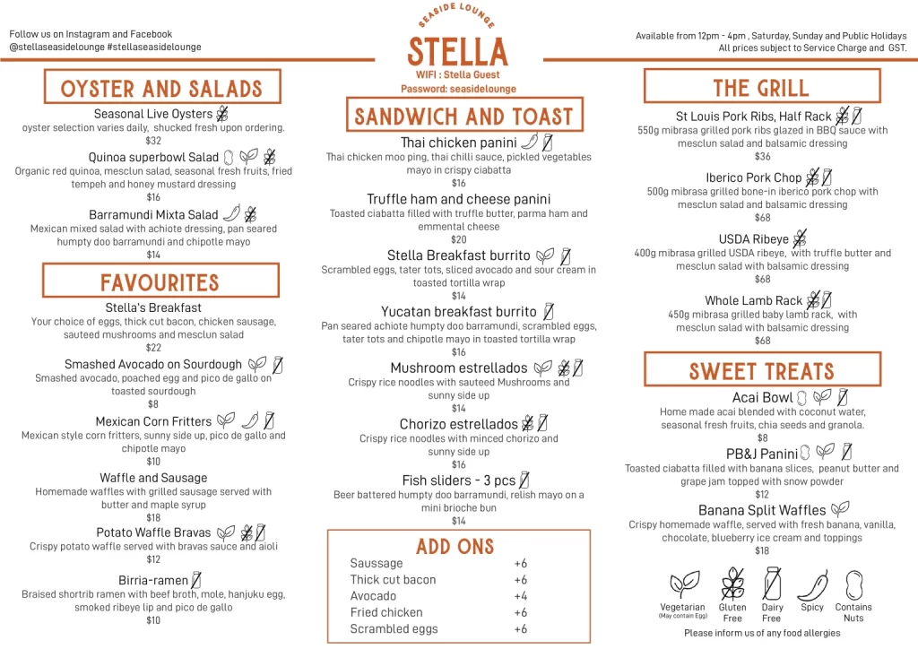 STELLA LIVE SEAFOOD MENU PRICES 2024