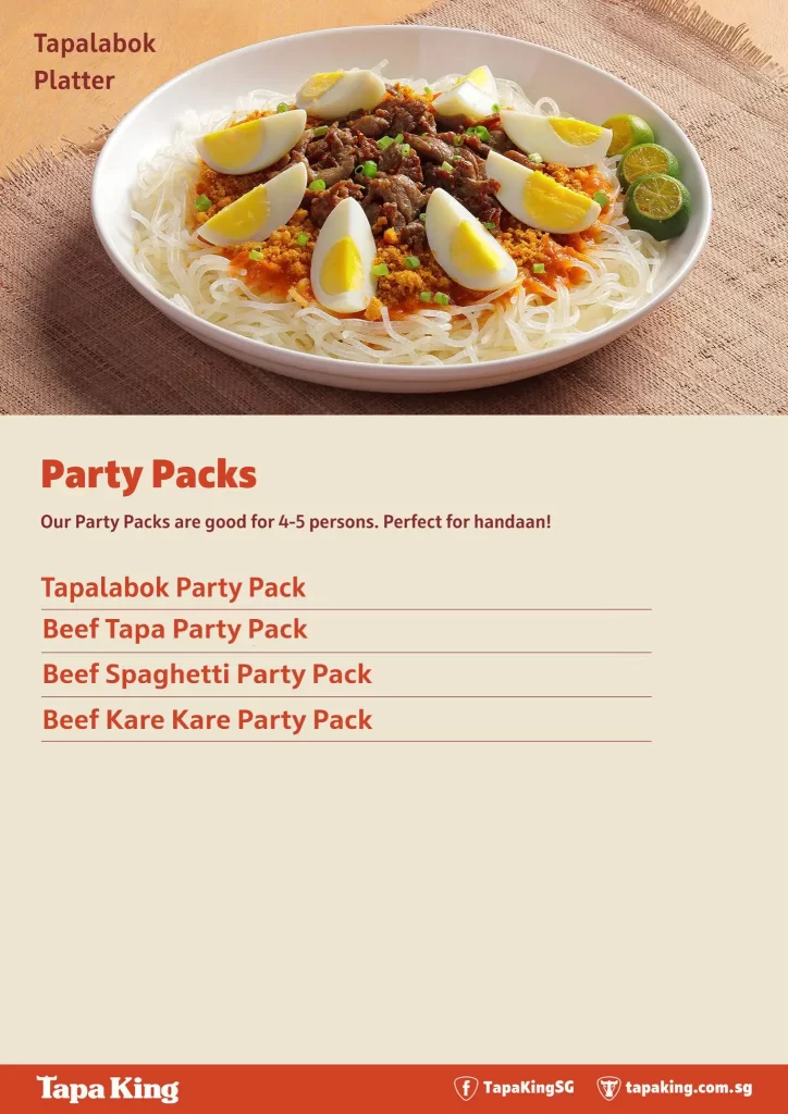 Tapa King Singapore Party Packs Menu Price 2024