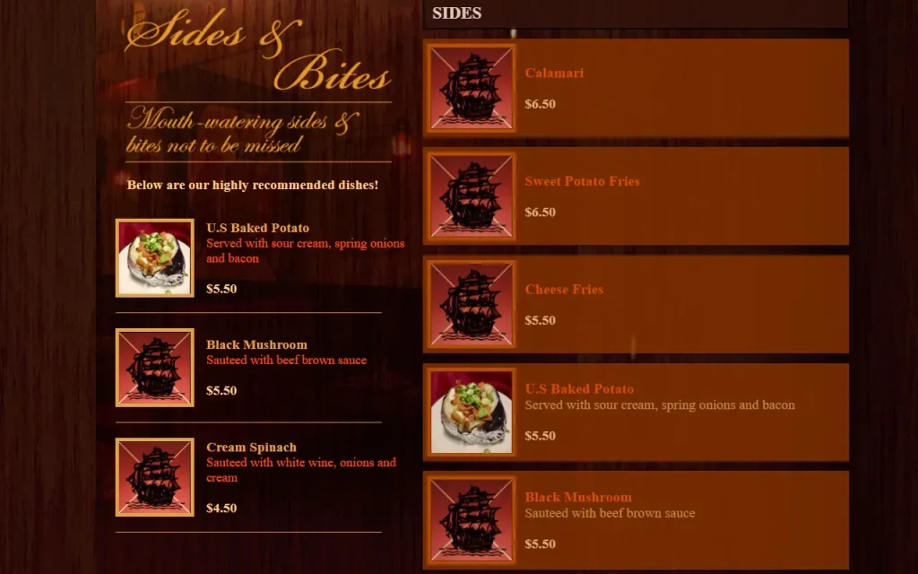 The Ship Restaurant Sides Menu 2024