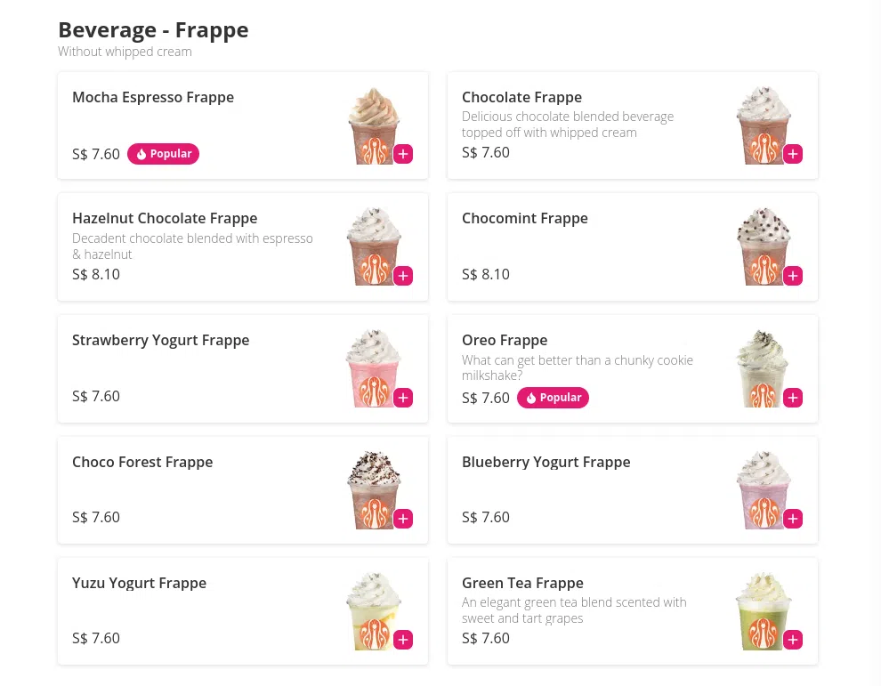 J.CO Donuts & Coffee Singapore Menu – Beverages – Frappe 2024