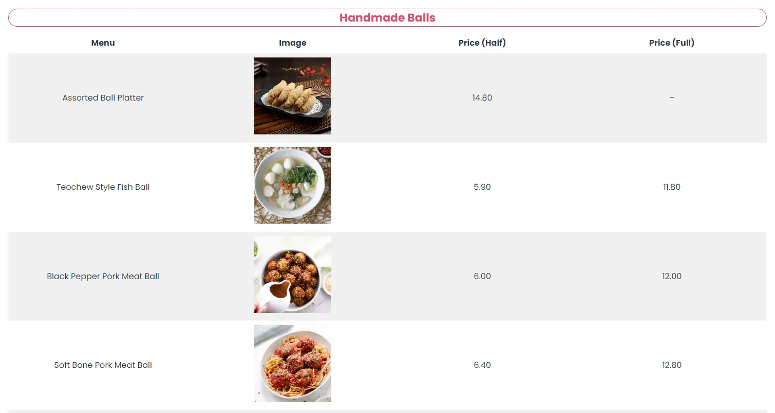 BITP HANDMADE BALLS MENU WITH PRICES 2024