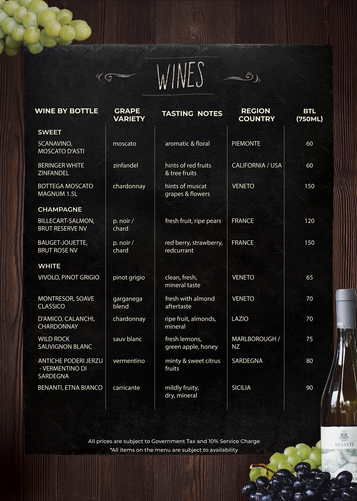 Baci Baci Restaurant Wines Menu 2024