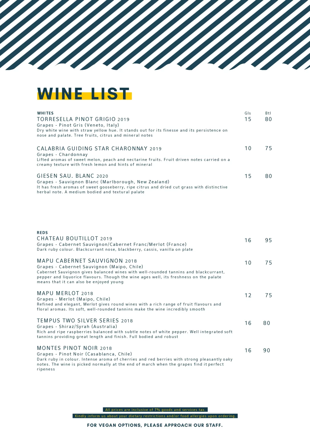 Bee’s Knees Wine Menu 2024