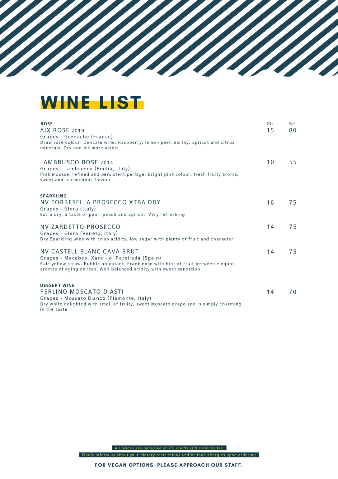 Bee’s Knees Wine Menu 2024