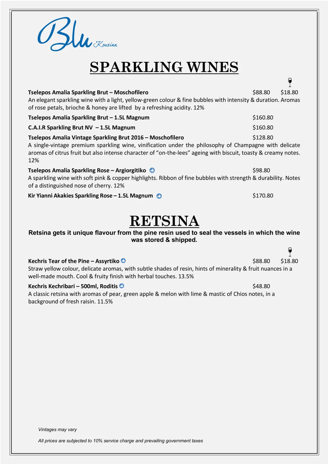 Blu Kouzina Wines Menu 2024