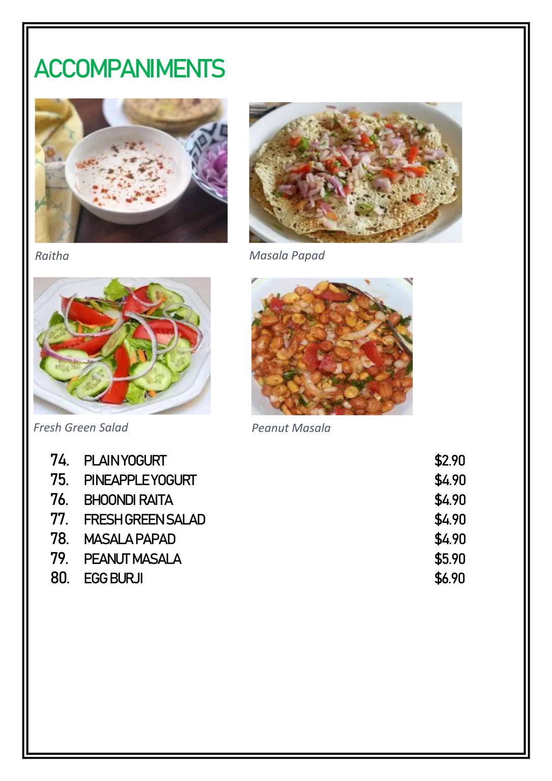 Delhi 6 Accompaniments Menu 2024