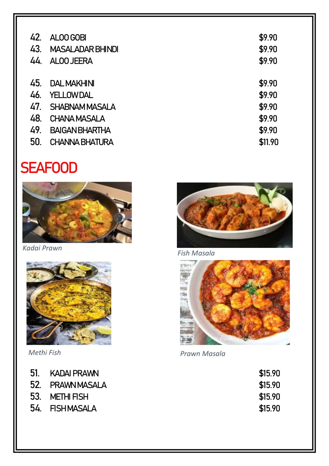 Delhi 6 Seafood Menu 2024