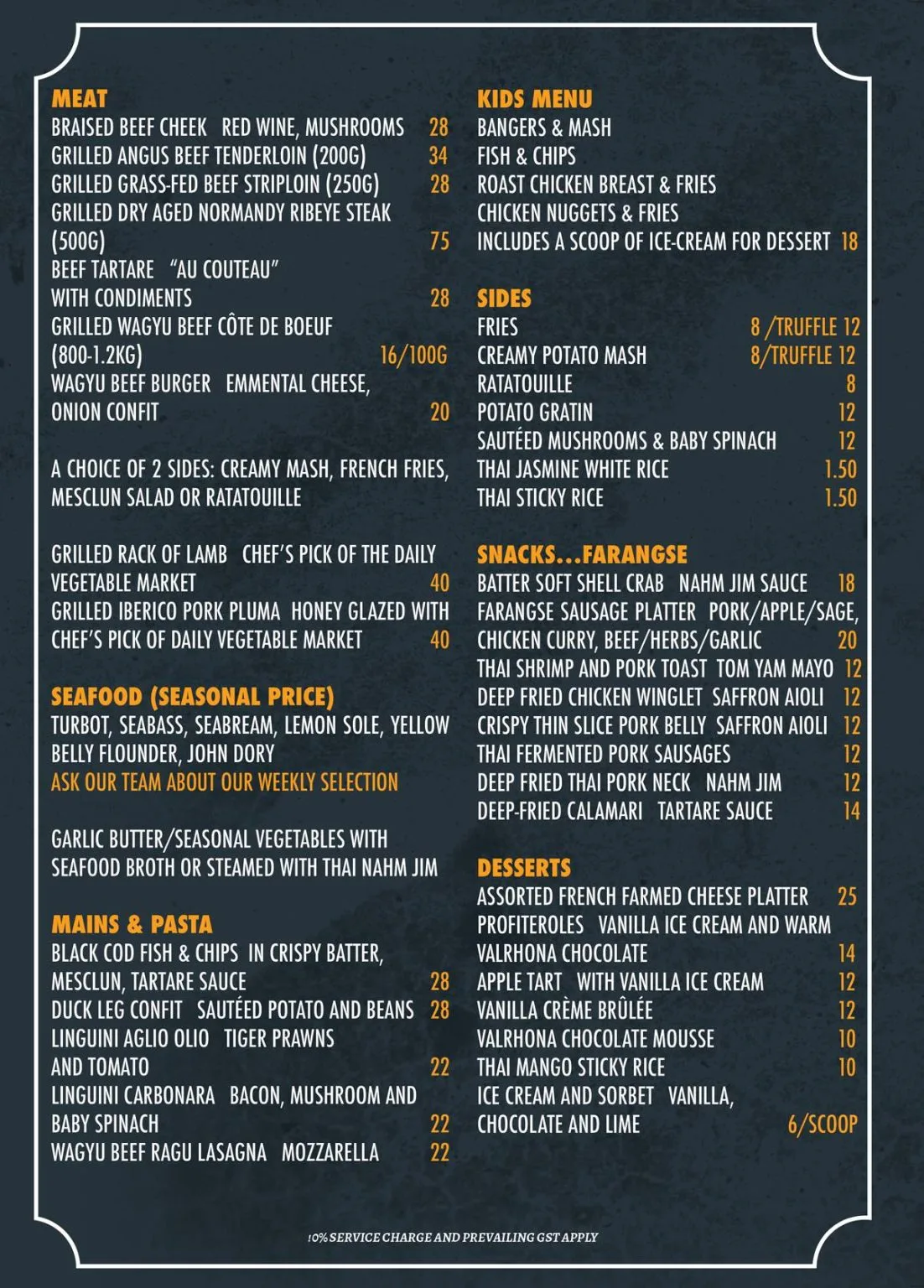 FARANGSE MAINS AND PASTA MENU PRICES 2024