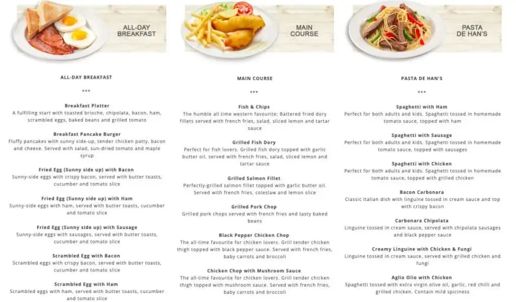 Han’s Cafe Pasta Menu 2024