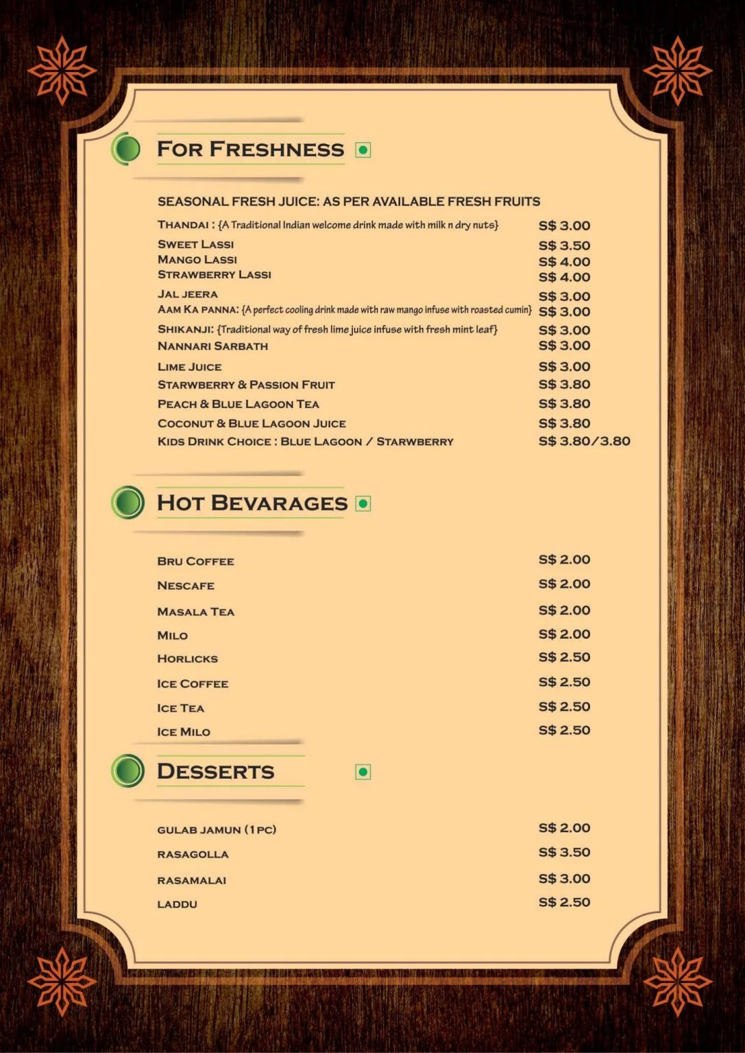 Nandhana’s Restaurant Beverages And Desserts Menu 2024