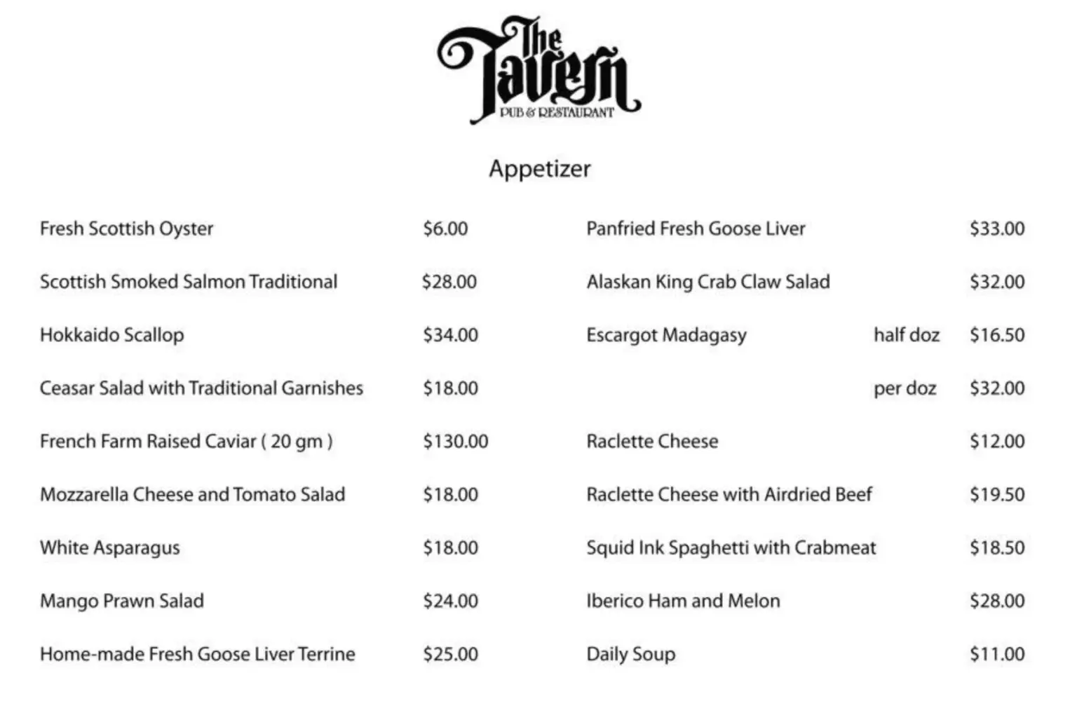 The Tavern Restaurant Menu 2024