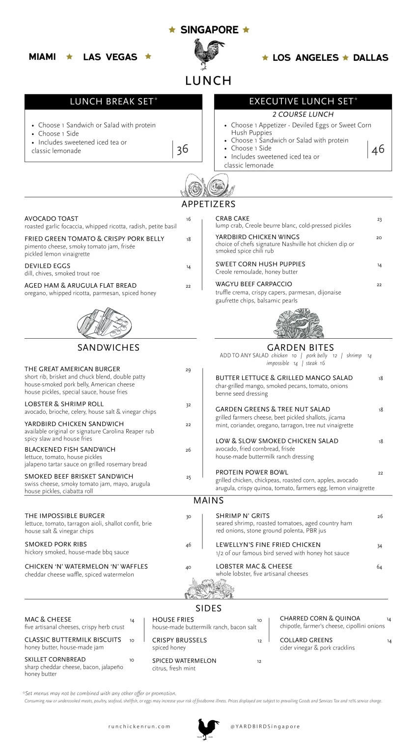 YARDBIRD LUNCH MENU WITH PRICES 2024