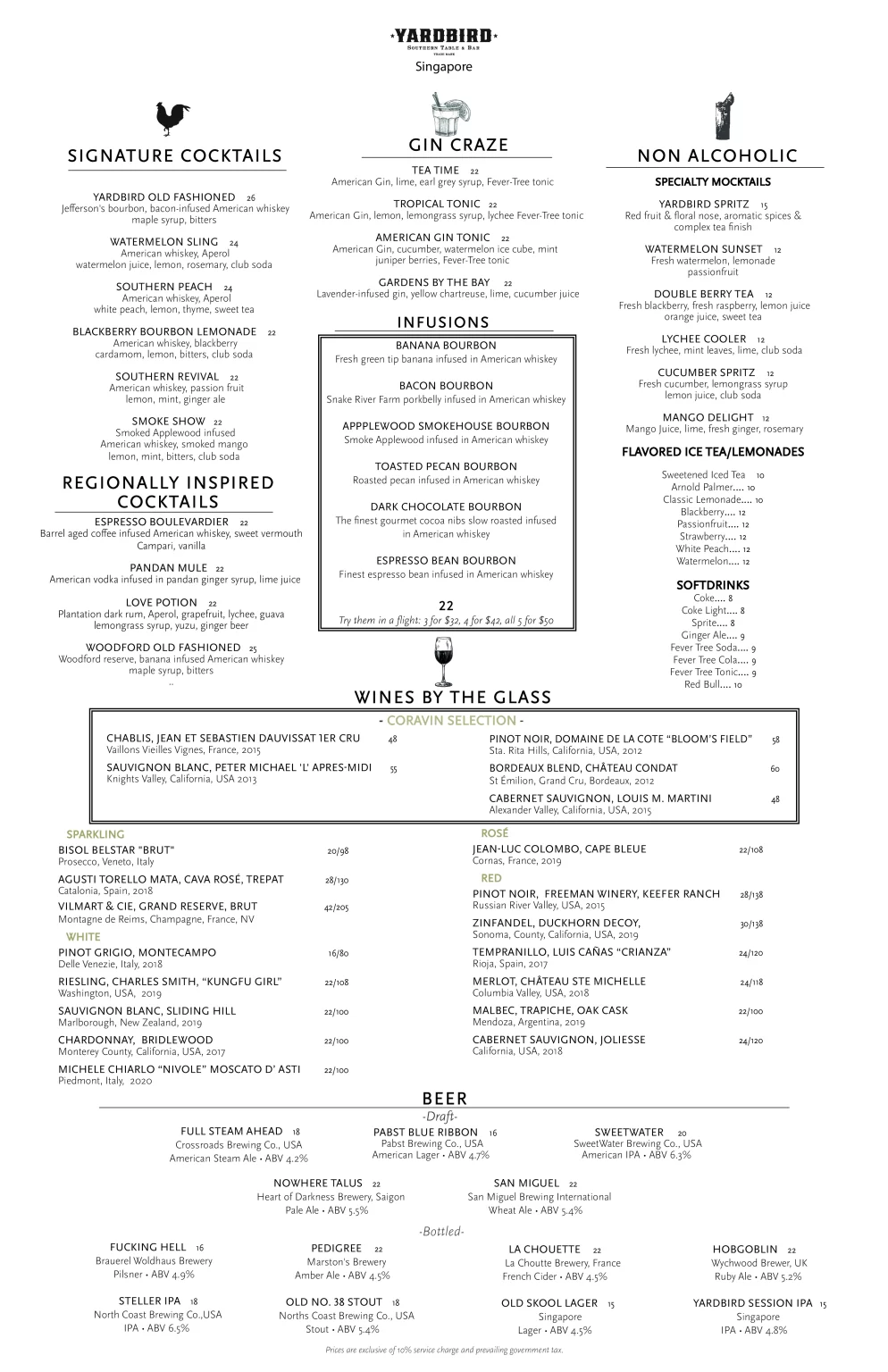 YARDBIRD WINES MENU PRICES 2024